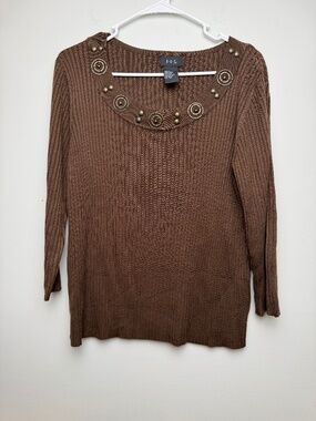 VTG Y2K RQT Brown Ribbed Knit Embellished Scoop Neck Top XL